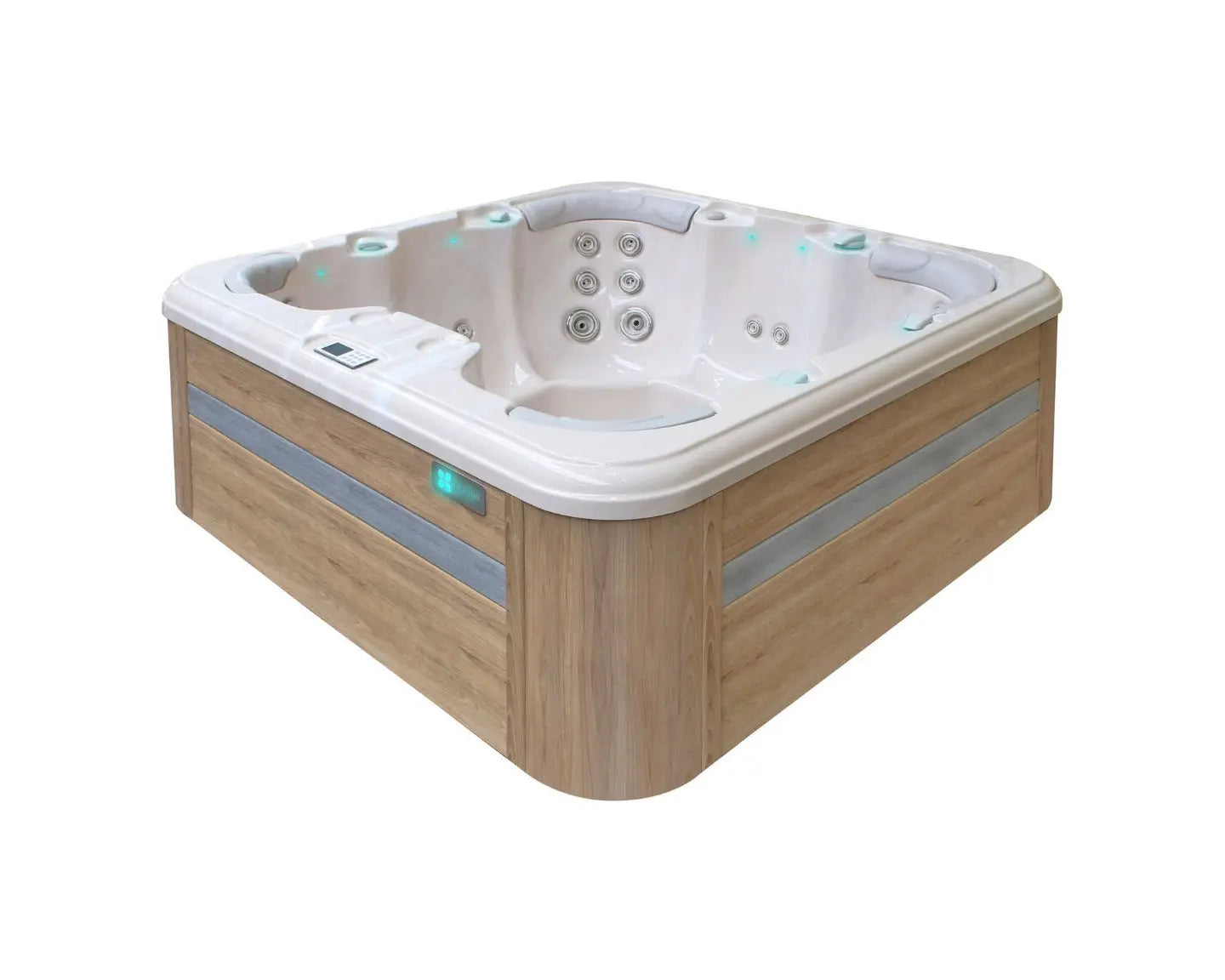 7-persoons jacuzzi buiten met houtlook buitenzijde en geïntegreerde zitplaatsen, ideaal als swimspa of zwemspa.