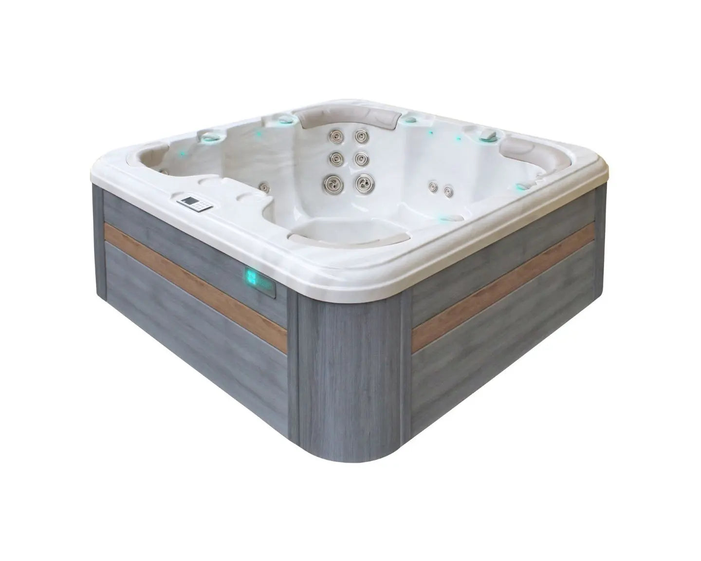 Moderne 7-persoons jacuzzi buiten met witte kuip en grijs houtlook zwemspa om houtaccenten, swimspa kopen.