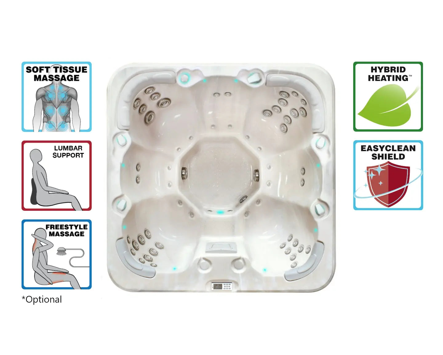 Witte 7-persoons jacuzzi met zit- en ligplaatsen, ontworpen als swimspa met geavanceerde massage- en verwarmingsfuncties,.