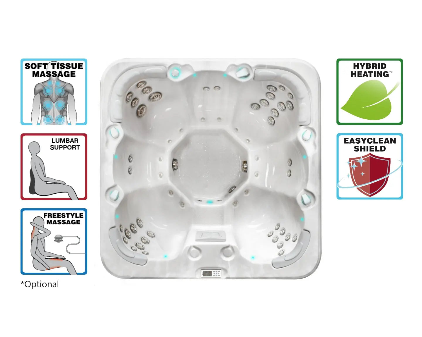 Witte 7-persoons jacuzzi met zit- en ligplaatsen, ideaal als swimspa of jacuzzi buiten kopen.