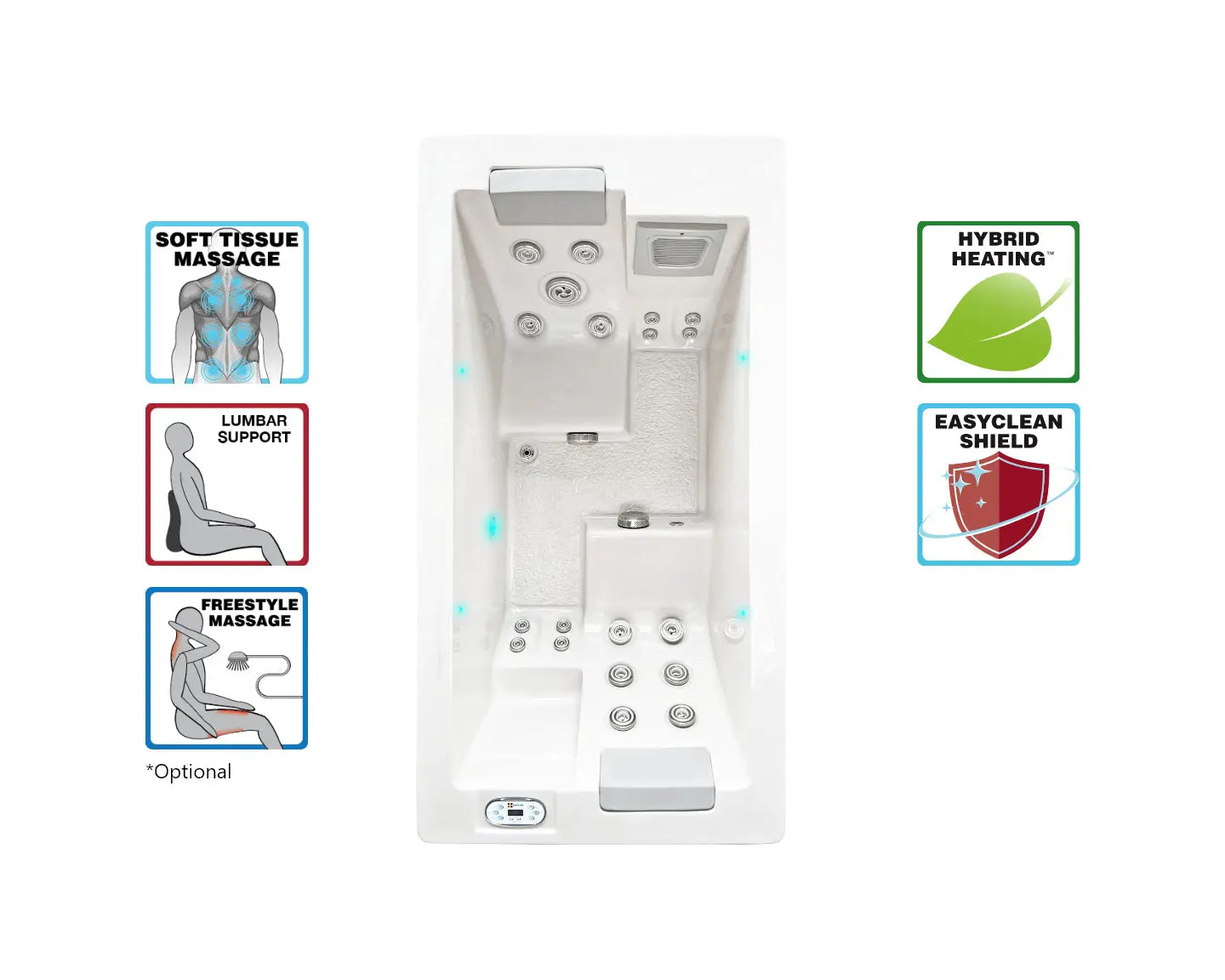 Witte moderne 2-persoons jacuzzi swimspa met massagejets en verwarmingssysteem voor jacuzzi buiten.