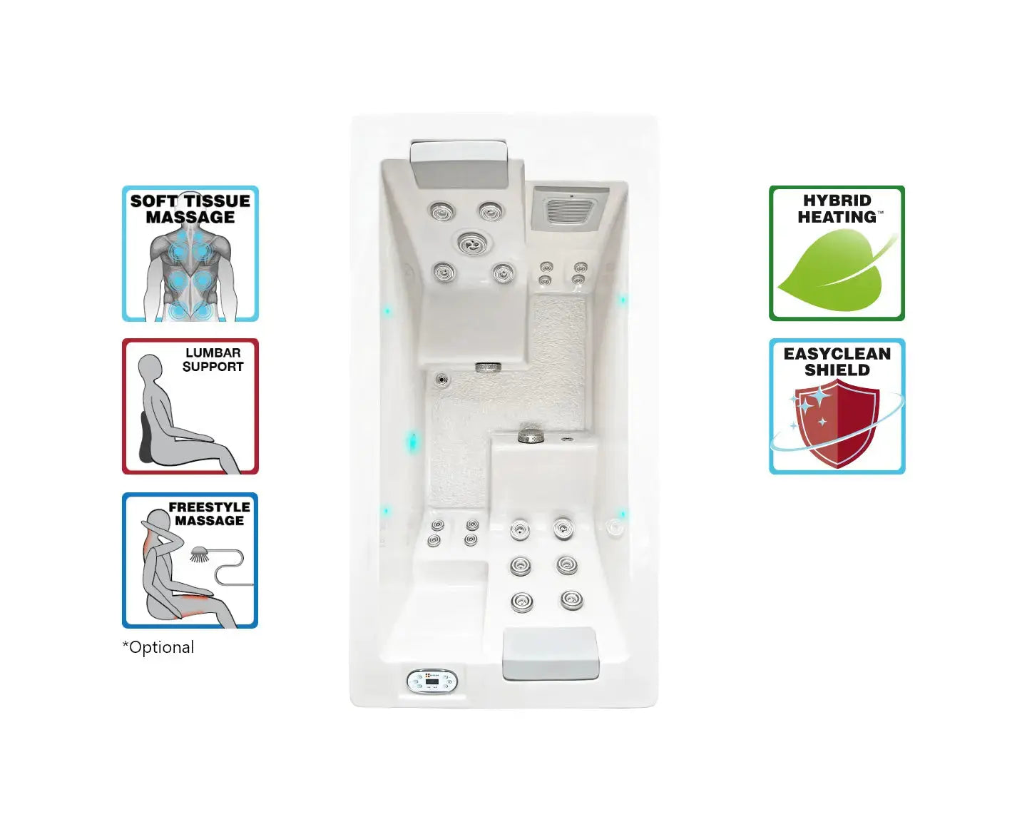 Moderne beige 2-persoons swimspa met jets en geïntegreerde massagefuncties, ideale jacuzzi buiten.