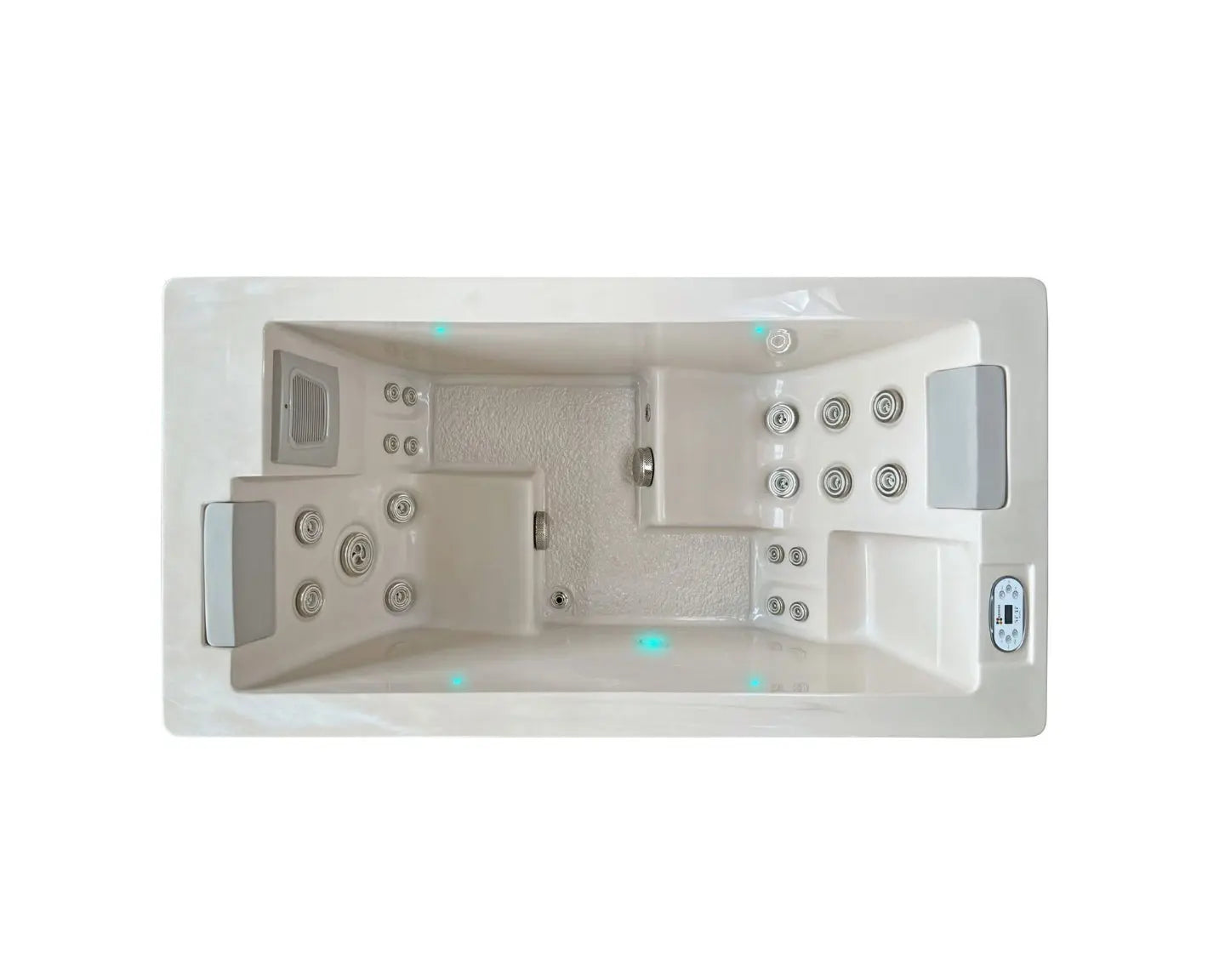 Moderne 2 persoons jacuzzi buiten met comfortabele zitplaatsen en geïntegreerde jets, perfecte swimspa.