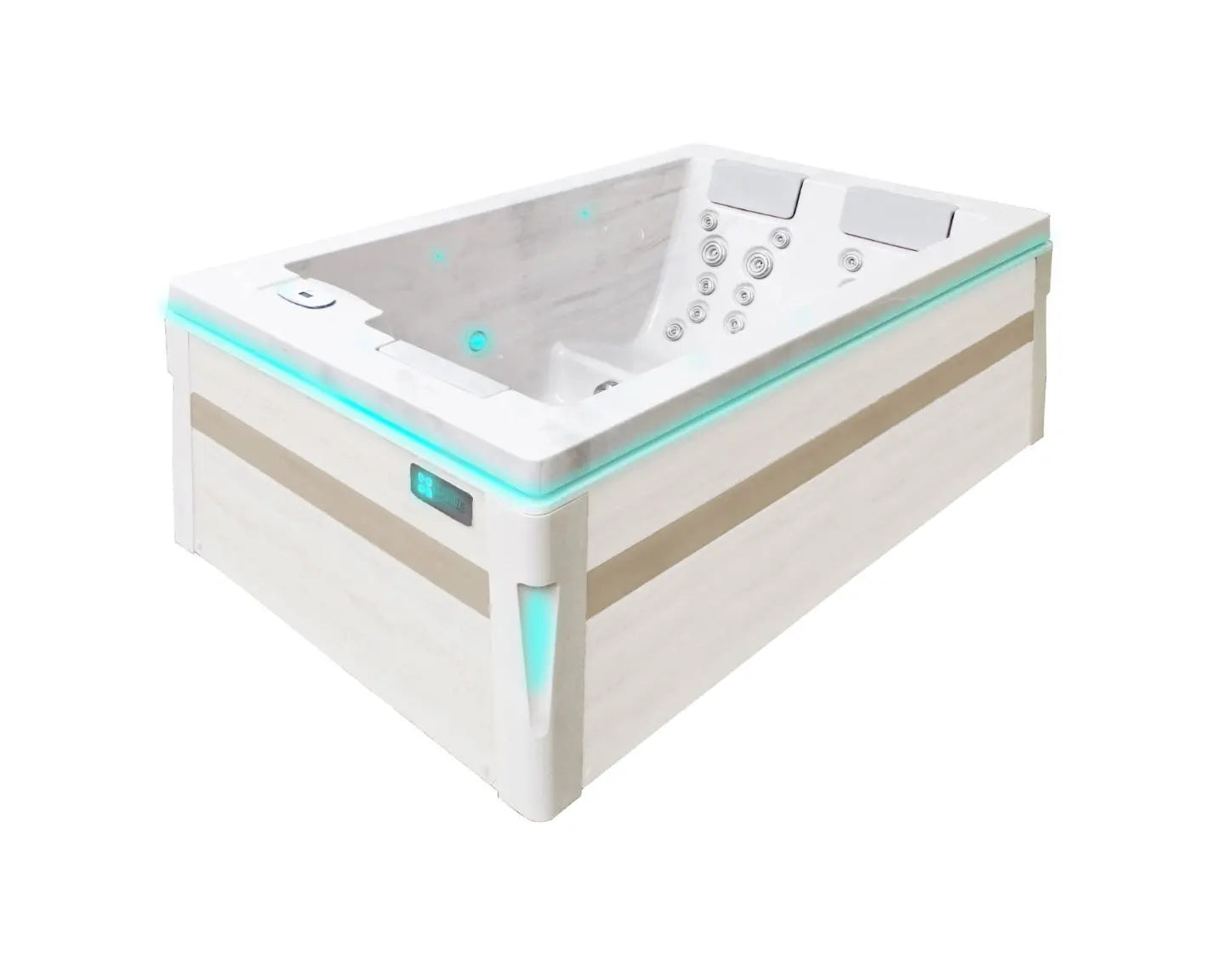 Moderne Spa Serene 3-persoons jacuzzi buiten met strakke lijnen en geïntegreerde verlichting, ideaal als swimspa of zwemspa.