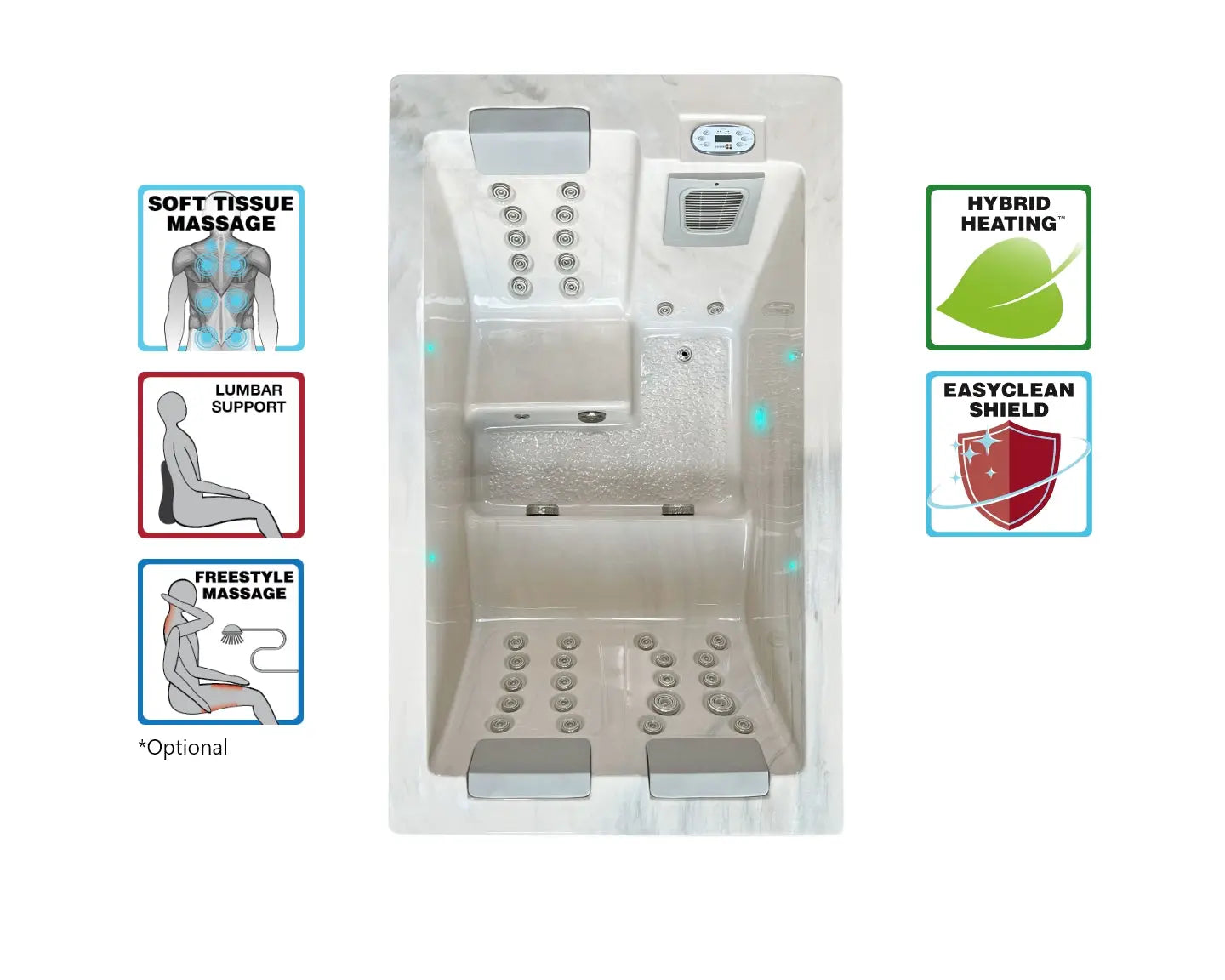 Moderne 3-persoons jacuzzi swimspa met massagejets en ergonomische zitplaatsen, ideaal als zwemspa voor buitengebruik.