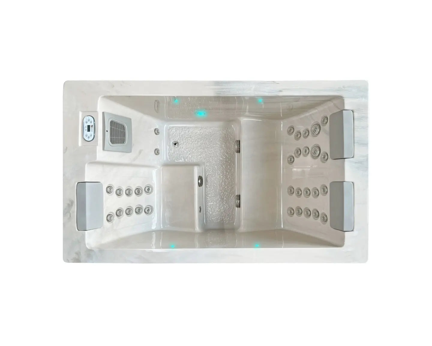 Moderne beige jacuzzi buiten met zitplaatsen voor 3 personen en ingebouwde jets, ideale swimspa.