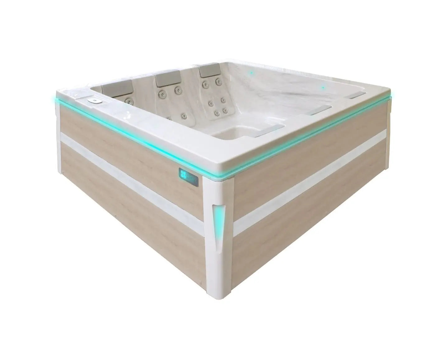 Moderne 6-persoons jacuzzi buiten met houten zijpanelen en wit interieur, ideaal als swimspa of zwemspa for jacuzzi kopen.