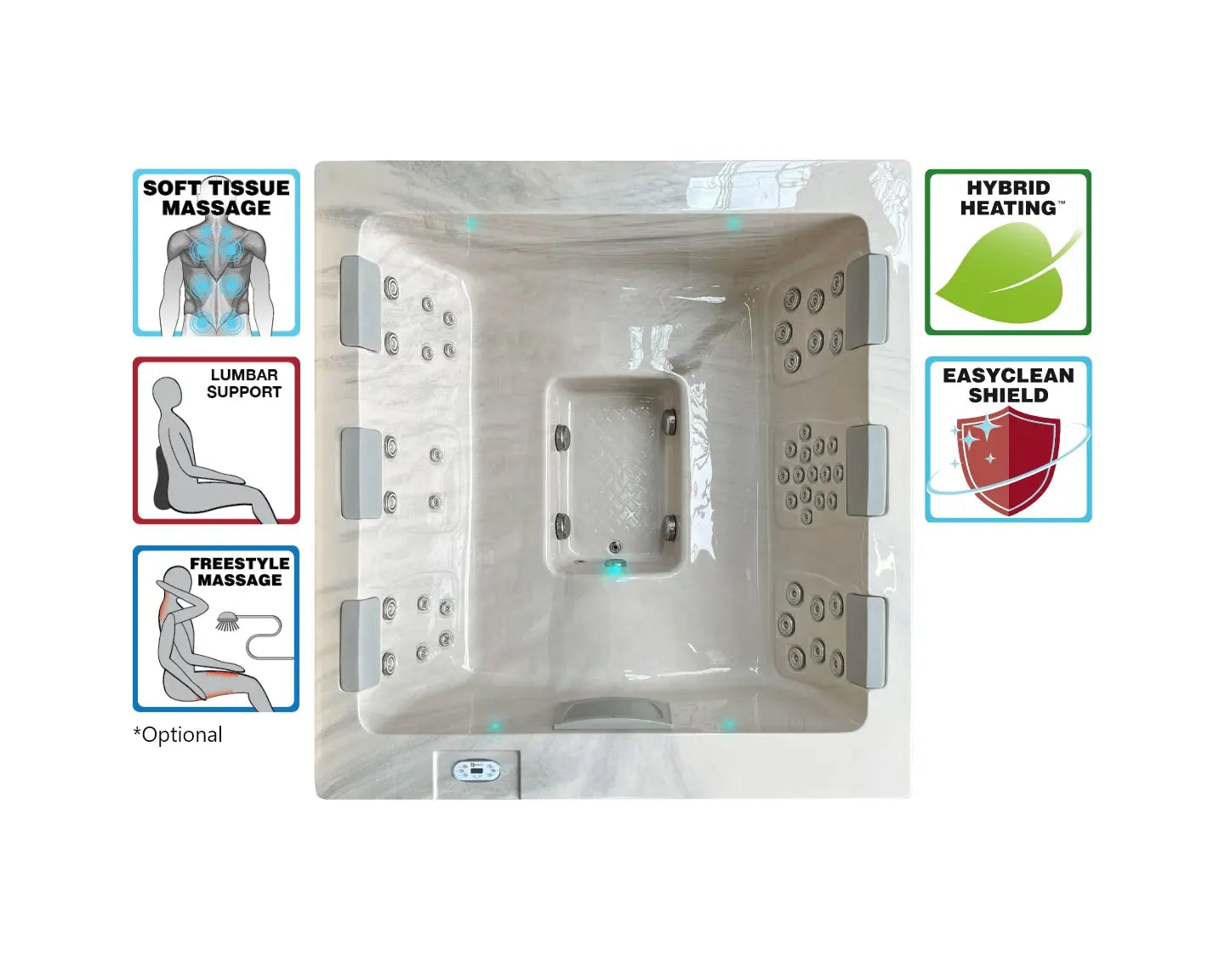 Moderne 6 persoons jacuzzi buiten met ergonomische zitplaatsen en swimspa functies.