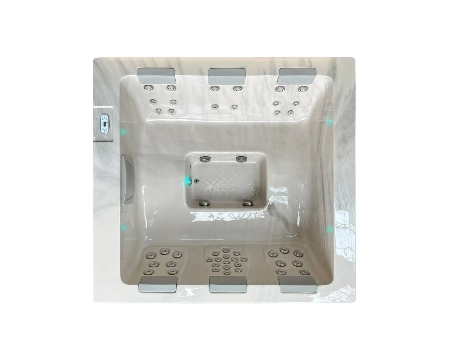 Moderne 6-persoons jacuzzi buiten in beige met meerdere jets en comfortabele zitplaatsen voor zwemspa ervaring.