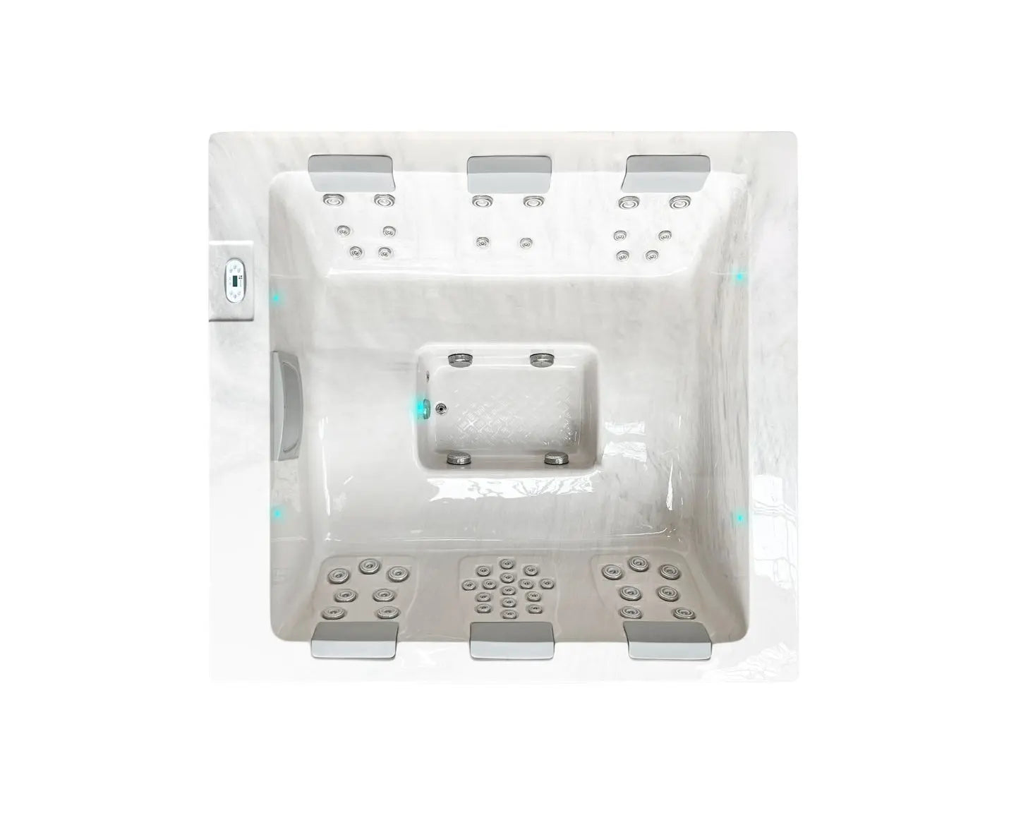 Moderne witte 6-persoons jacuzzi met geïntegreerde jets en zitplaatsen, ideaal als zwemspa of swimspa voor buitengebruik.