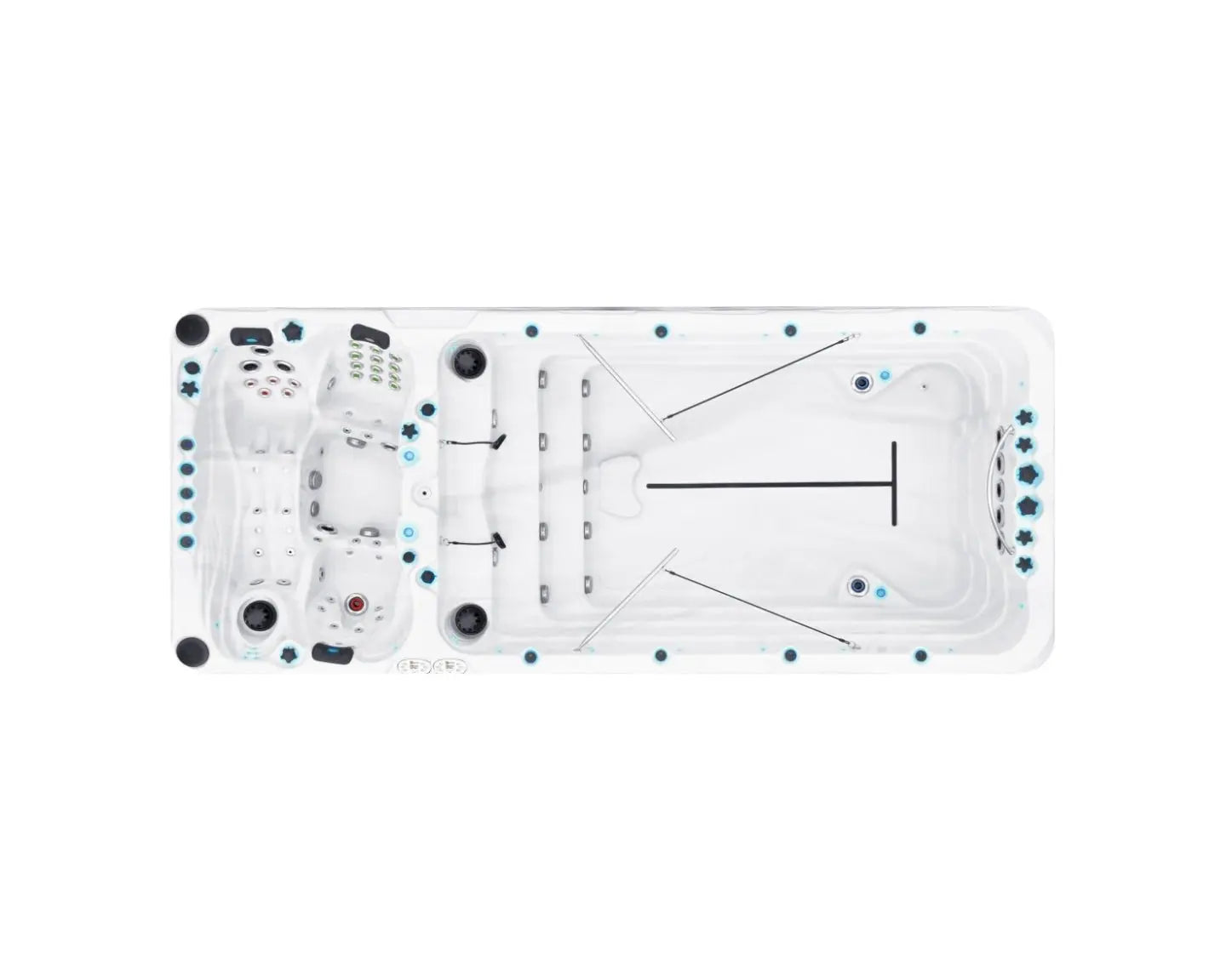 Witte zwemspa Spirit Deep met geïntegreerde jets en zitplaatsen voor jacuzzi buiten en swimspa genieten.