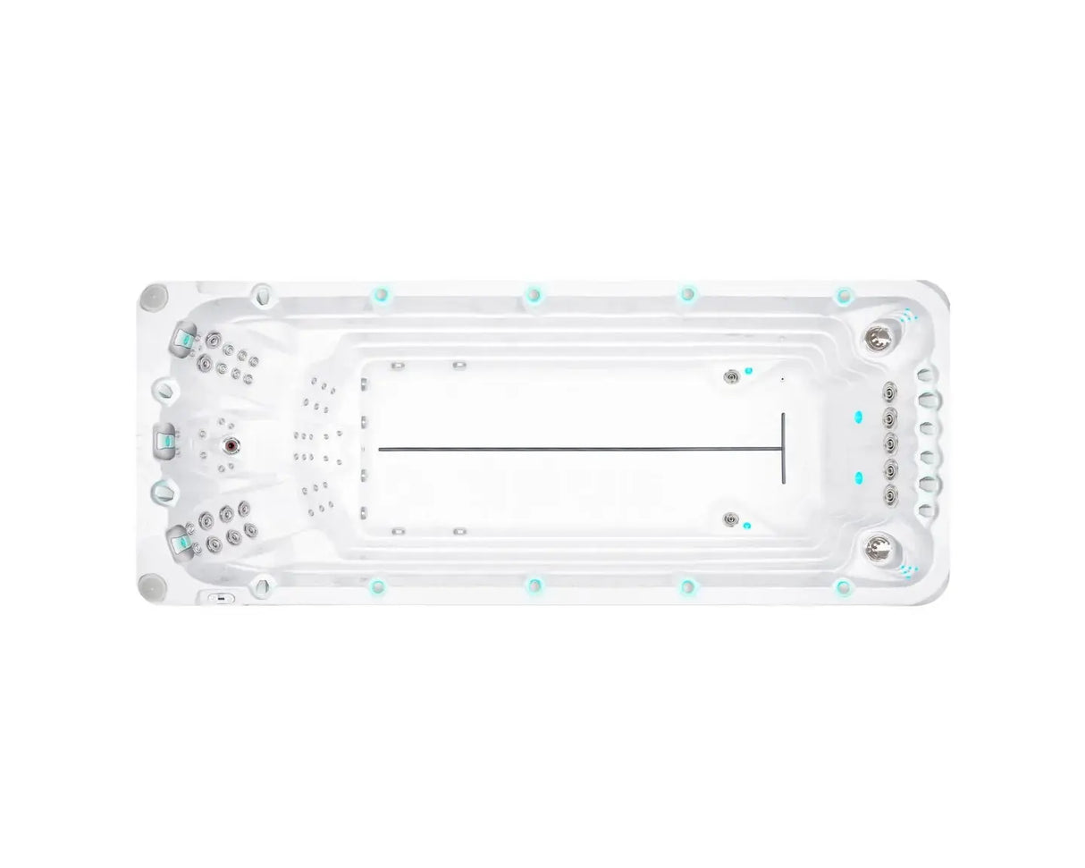 Witte zwemspa met geïntegreerde jets en zithoeken, ideale jacuzzi buiten voor zwemmen en ontspanning, perfect voor swimspa.