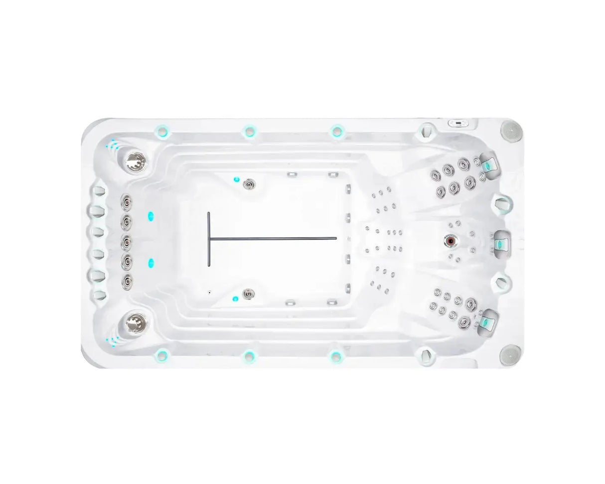 Witte zwemspa met meerdere jets en zitplaatsen, ideale jacuzzi buiten voor sport en ontspanning, swimspa voor zwemmen en.