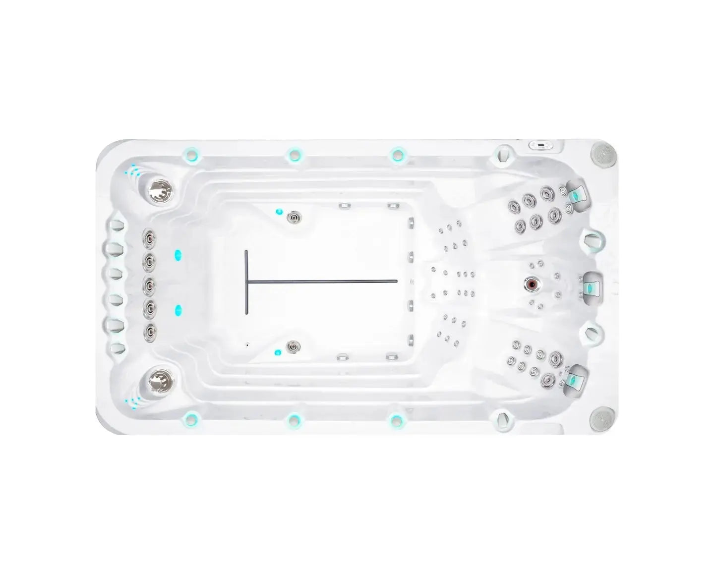 Witte zwemspa met stromingszones en zitplaatsen, moderne jacuzzi buiten voor sport en ontspanning.