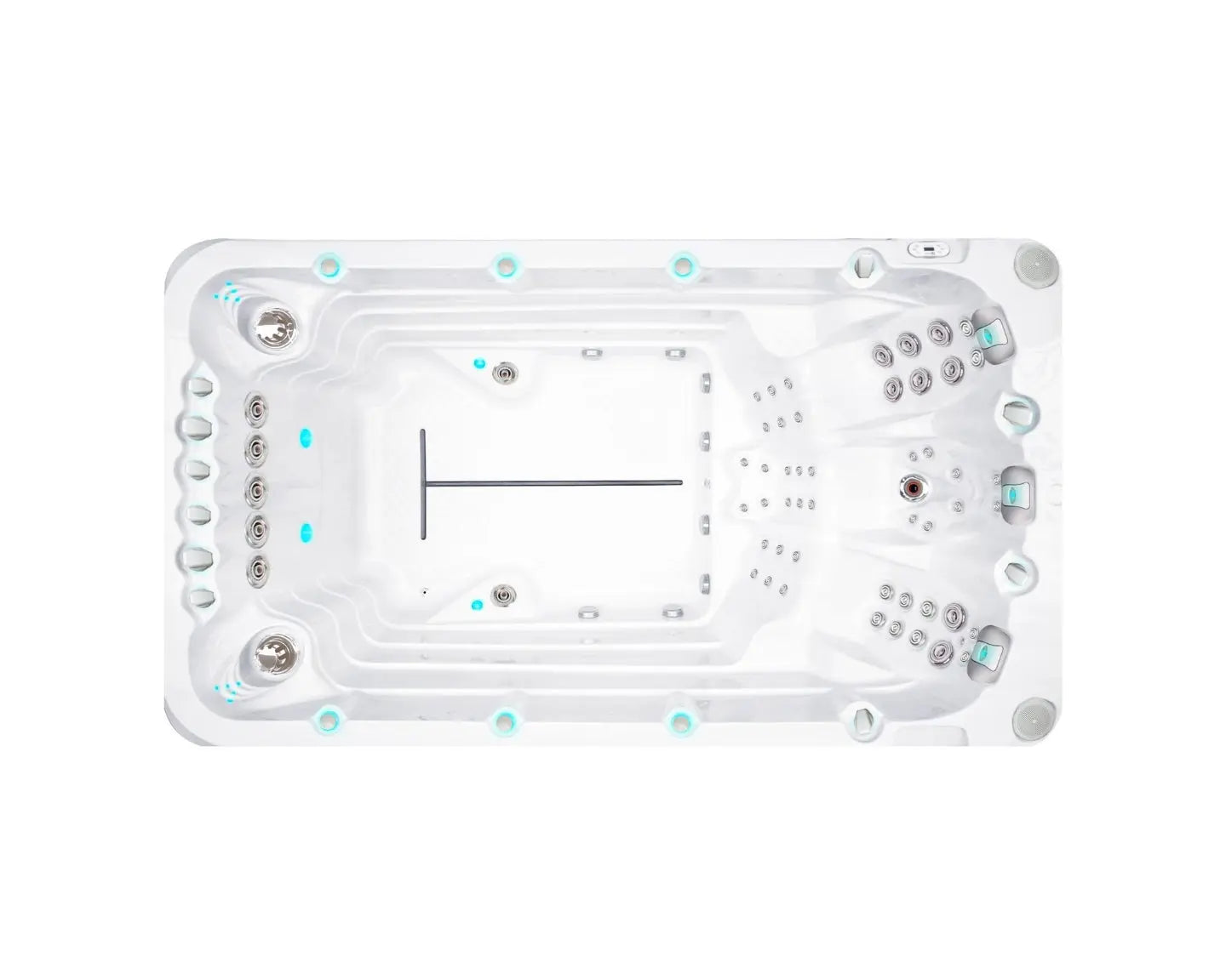 Witte zwemspa met meerdere jets en zitplaatsen, ideale jacuzzi buiten voor sport en ontspanning, swimspa voor zwemmen en.