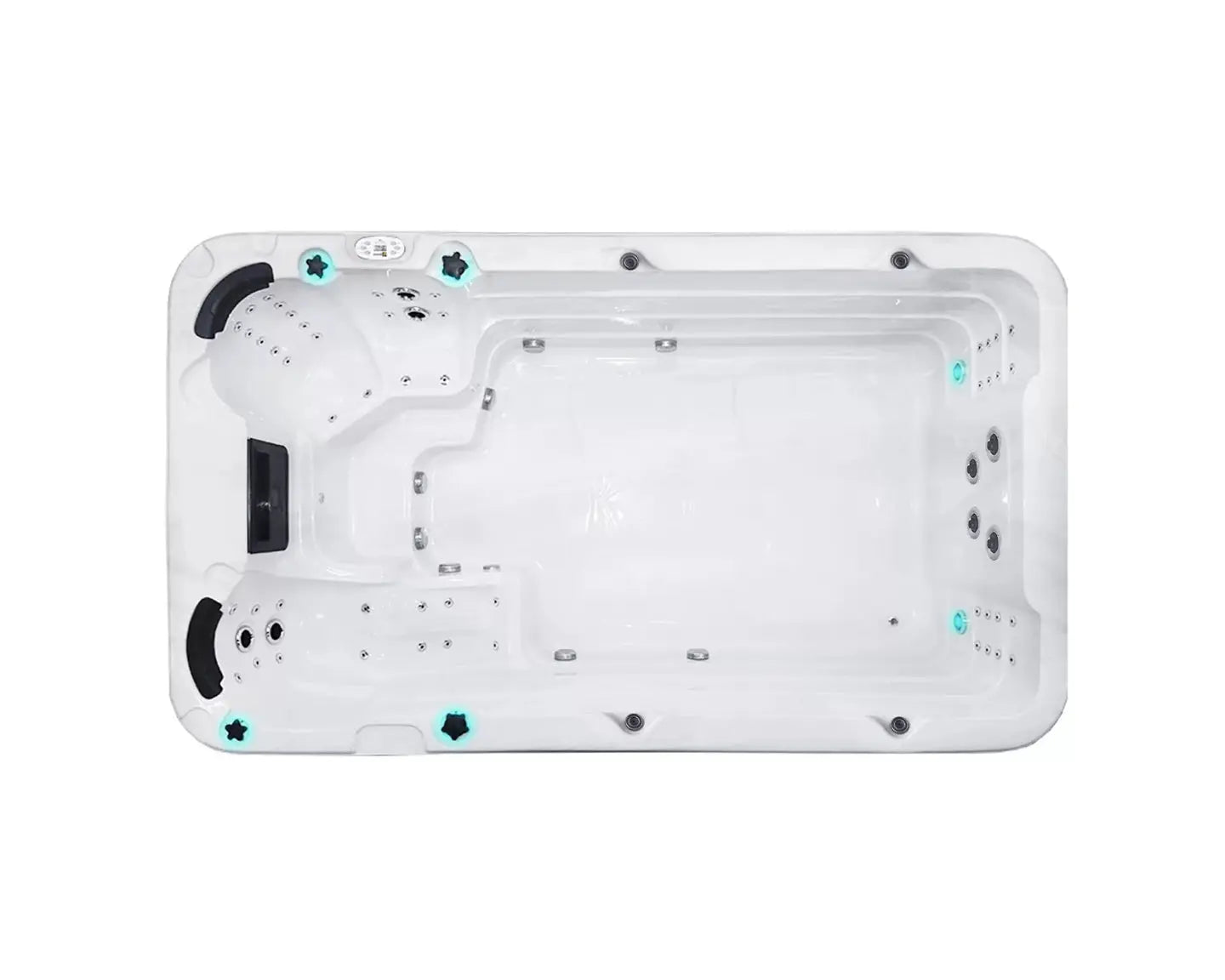 Witte zwemspa met stromingszones en zitplaatsen, moderne jacuzzi buiten voor sport en ontspanning.;;Witte zwemspa met zitplaatsen, straalmassages en compacte swimspa functies, ideaal als jacuzzi buiten.;