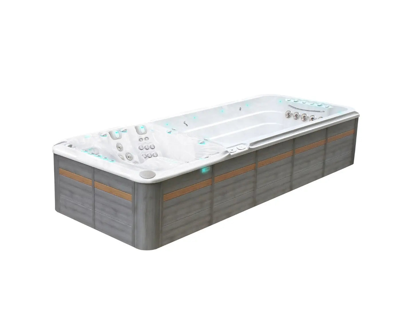 Grijze zwemspa met witte binnenkant en meerdere jets, ideale jacuzzi buiten voor zwemmen en ontspannen, swimspa perfect voor .