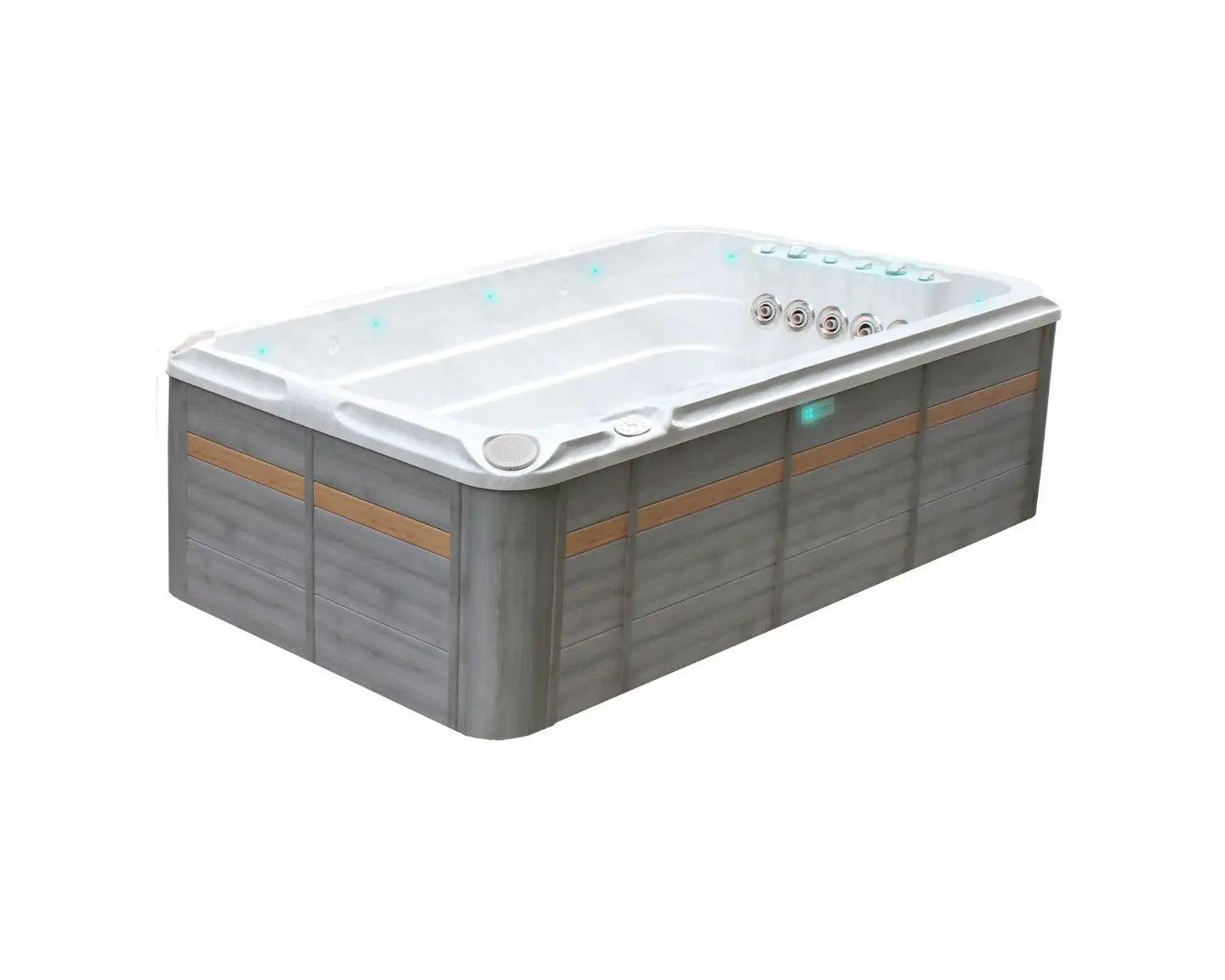 Moderne zwemspa met grijze buitenkant en witte binnenkant, perfect als jacuzzi buiten of swimspa.