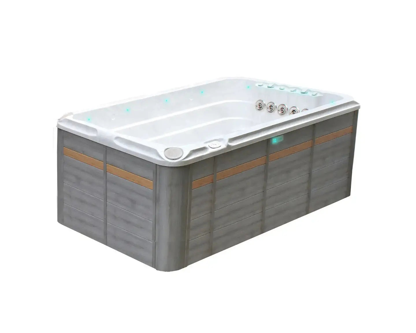 Moderne zwemspa met houtlook buitenzijde en wit interieur, ideaal als jacuzzi buiten of swimspa, perfect voor jacuzzi kopen.