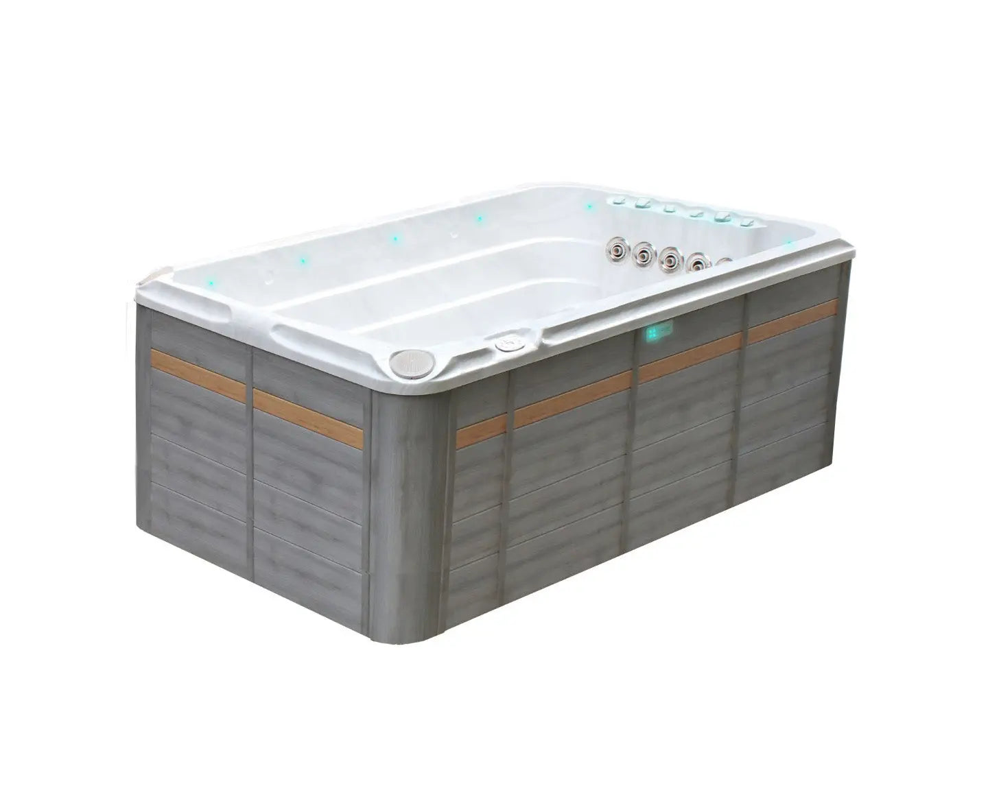 Moderne zwemspa met houtlook buitenzijde en wit interieur, ideaal als jacuzzi buiten of swimspa, perfect voor jacuzzi kopen.