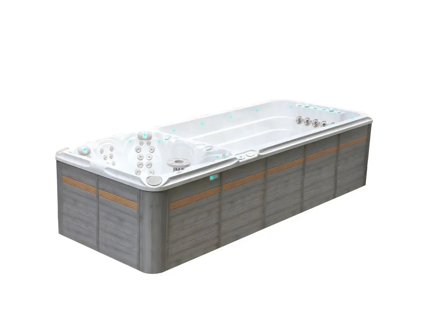 Moderne grijze zwemspa met witte binnenkant en speelse verlichting, perfect als jacuzzi buiten of swimspa voor ontspanning.