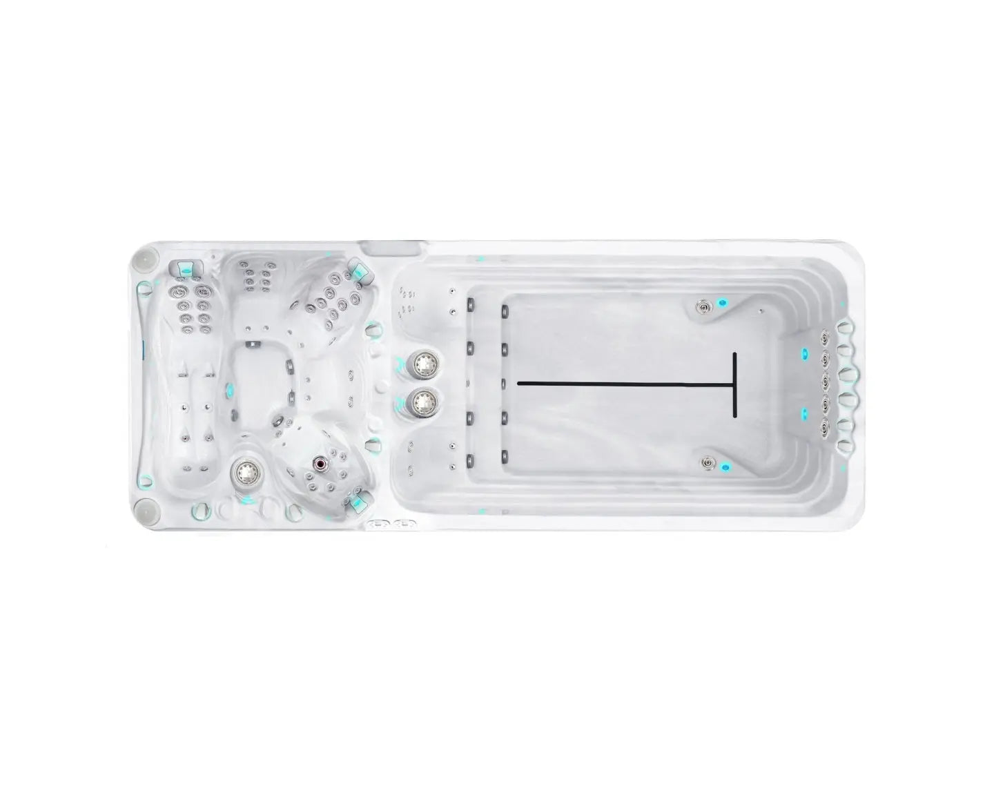 Witte zwemspa Dynamic met apart jacuzzi-gedeelte en zwemsectie, ideaal als jacuzzi buiten of swimspa voor sport en.