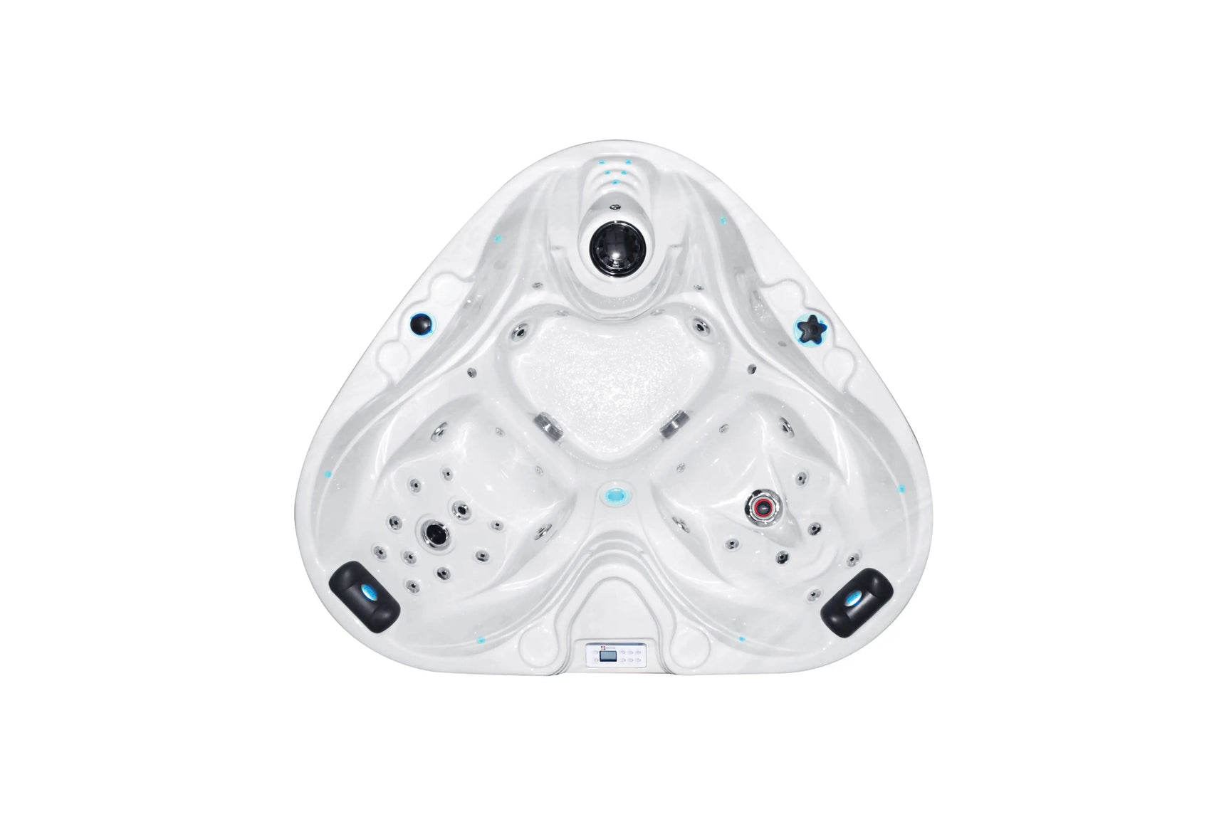 Witte driehoekige jacuzzi buiten voor 2 personen met moderne jets en touchscreen bediening zwemspa.