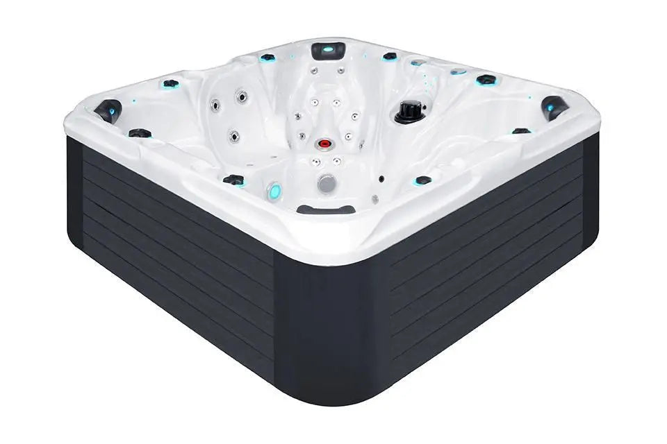 ;;Overhead view of Joy hot tub with 7-person capacity, featuring massage jets and bucket seats by Passion Spas from Signature Collection Hot tubs