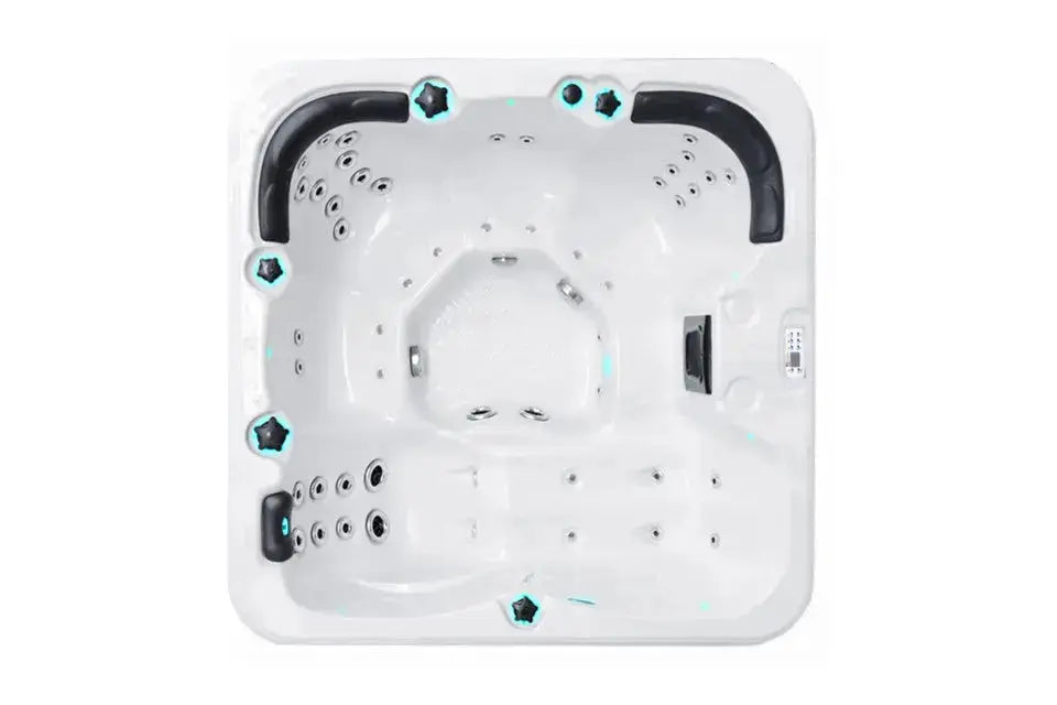 Witte 5-persoons jacuzzi met zwarte hoofdsteunen en geïntegreerde jets, perfect als swimspa en jacuzzi buiten.