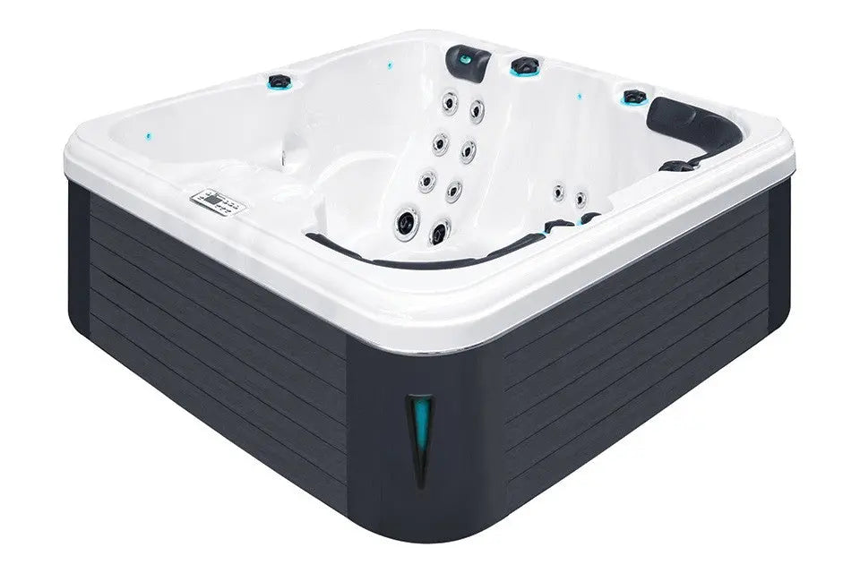 Moderne vijfpersoons jacuzzi buiten met witte kuip en donkere buitenkant, perfect als zwemspa of swimspa, ideaal voor.
