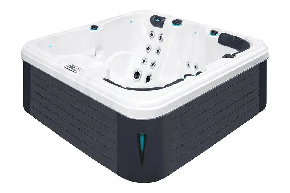 Moderne vijfpersoons jacuzzi buiten met witte kuip en donkere buitenkant, perfect als zwemspa of swimspa, ideaal voor.