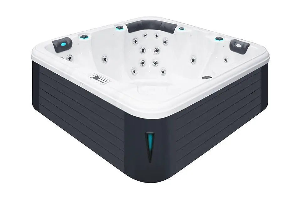 Moderne 5-persoons spa met wit binnenwerk en zwarte buitenkant, perfect als jacuzzi buiten of zwemspa voor ontspanning in de .