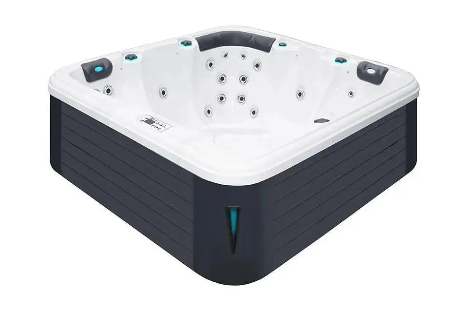 Moderne 5-persoons spa met wit binnenwerk en zwarte buitenkant, perfect als jacuzzi buiten of zwemspa voor ontspanning in de .