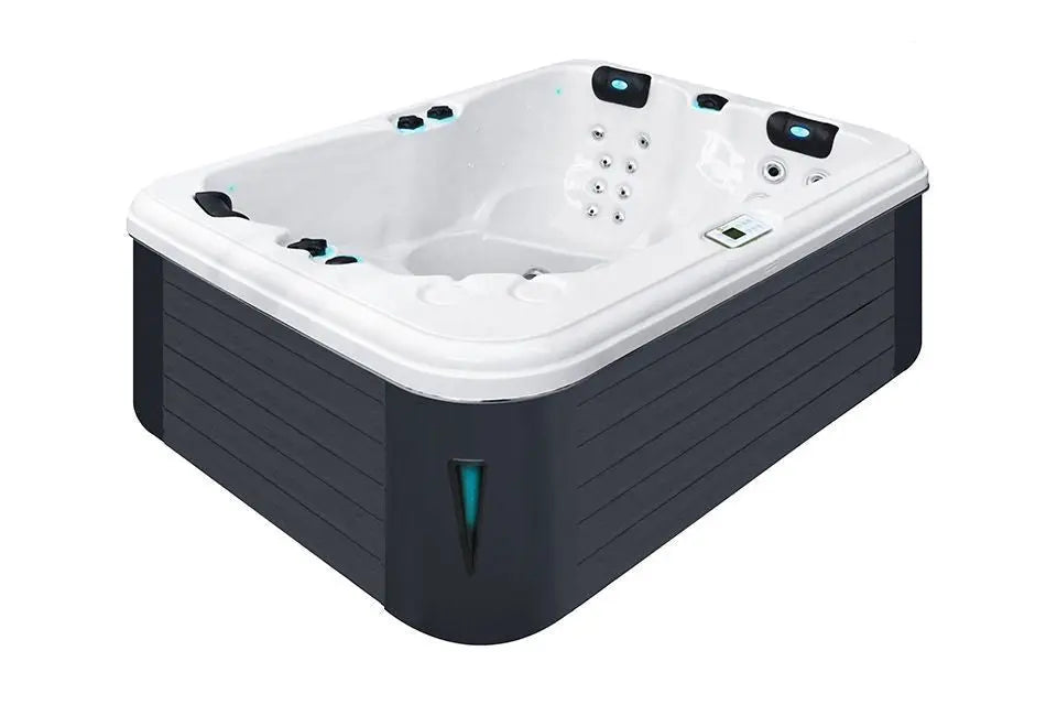 Witte 3-persoons jacuzzi met zwarte buitenzijde, perfect voor jacuzzi buiten en swimspa gebruik.