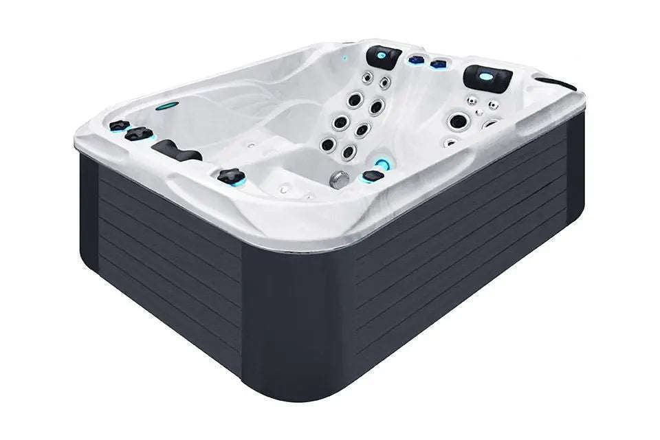 Witte 3-persoons jacuzzi met verstelbare jets en blauwe ledverlichting voor buitenzwemspa en swimspa gebruik.;Moderne 3-persoons jacuzzi buiten met grijs paneel en wit interieur, ideaal als zwemspa of swimspa.;Witte 3-persoons jacuzzi met ingebouwde licht- en massagesystemen, ideaal als swimspa of zwemspa voor buitengebruik.;;;Passion Spas Spa Soulmate - Home & Garden > Pool & Spa > Spas Spa