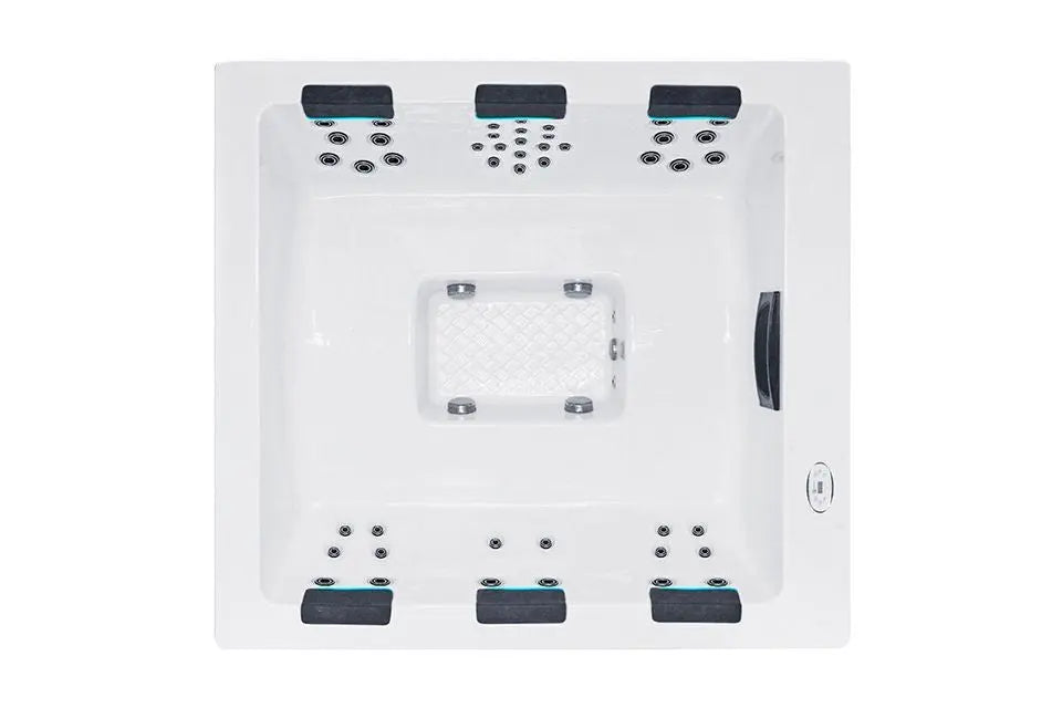 Moderne witte jacuzzi voor 6 personen met comfortabele zitplaatsen en geïntegreerde jets, ideaal als swimspa of jacuzzi.