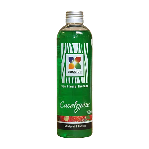 Fles groene eucalyptus aroma olie voor jacuzzi kopen, ideaal voor zwemspa en swimspa buitengebruik.