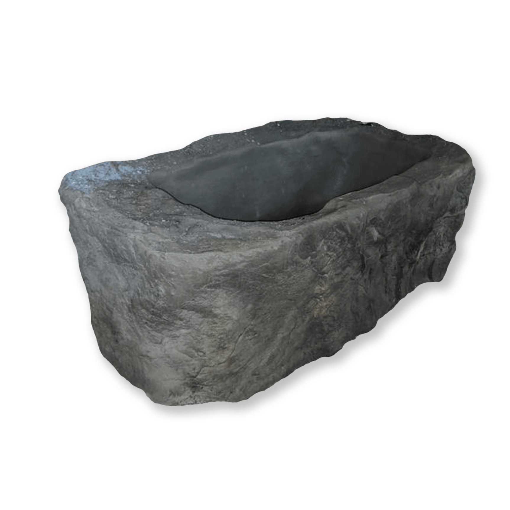 Grote grijze jacuzzi buiten in rotsstijl, perfect voor ijsbaden en swimspa gebruik.