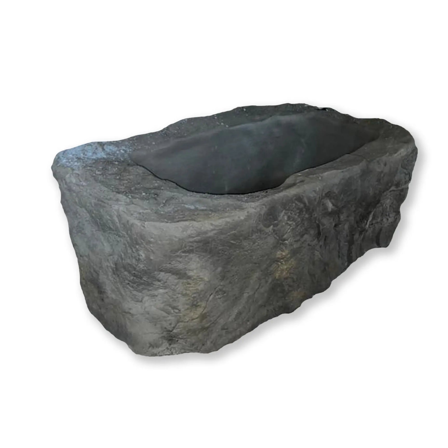 Grote grijze jacuzzi buiten in rotsstijl, perfect voor ijsbaden en swimspa gebruik.