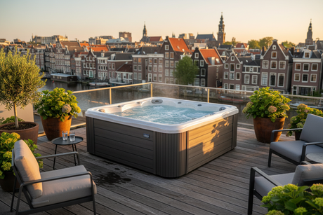 compacte spa op dakterras met uitzicht op stad