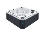 Aerial view of Admire luxury hot tub featuring multiple seats and massage jets in white shell design - Passion Spas Signature Collection;Admire luxury hot tub with white shell, dark cabinet, multiple jets and ergonomic seating for 6+ persons - Passion Spas Signature Collection