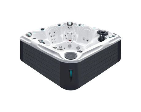 Aerial view of Admire luxury hot tub featuring multiple seats and massage jets in white shell design - Passion Spas Signature Collection;Admire luxury hot tub with white shell, dark cabinet, multiple jets and ergonomic seating for 6+ persons - Passion Spas Signature Collection
