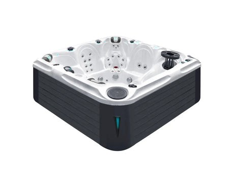 Aerial view of Admire luxury hot tub featuring multiple seats and massage jets in white shell design - Passion Spas Signature Collection;;