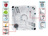 Delight spa features diagram showing massage jets, hybrid heating, and comfort features - Passion Spas Hot Tubs 3-5 Person Collection