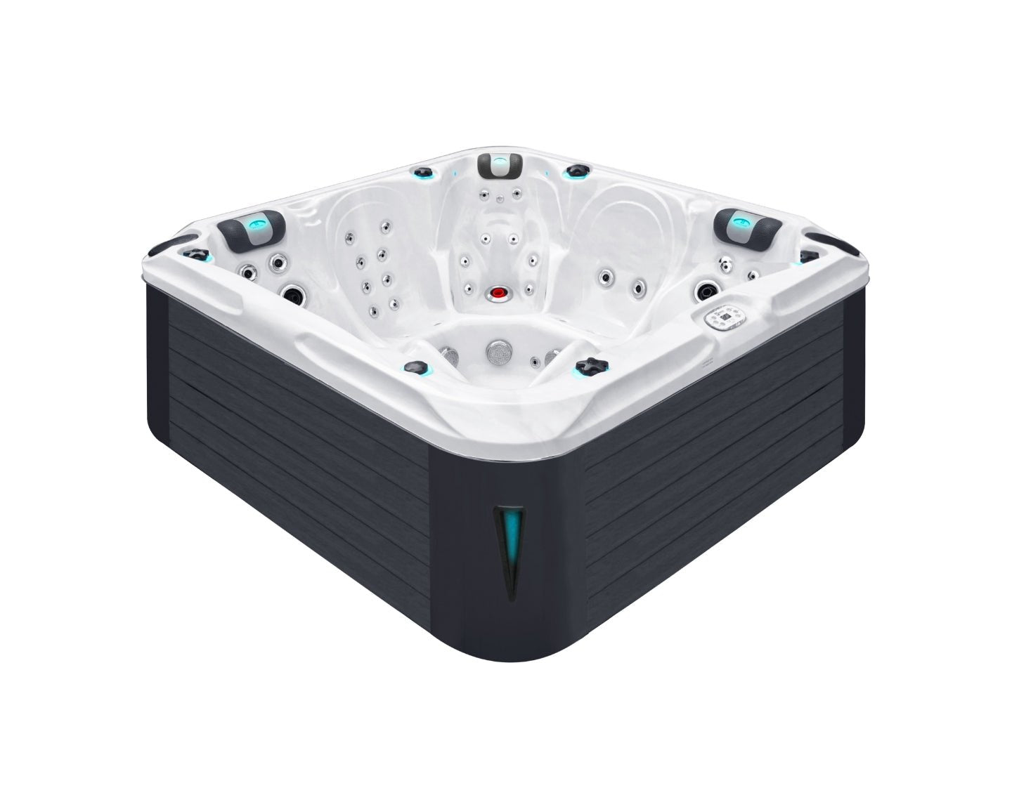 Delight luxury hot tub with white acrylic shell, black cabinet, dual loungers and aqua accents - Passion Spas Signature Hot Tubs