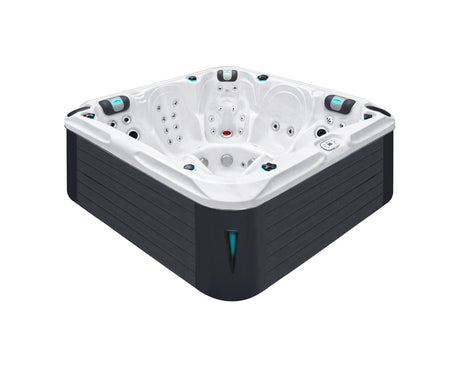 Delight luxury hot tub with white acrylic shell, black cabinet, dual loungers and aqua accents - Passion Spas Signature Hot Tubs