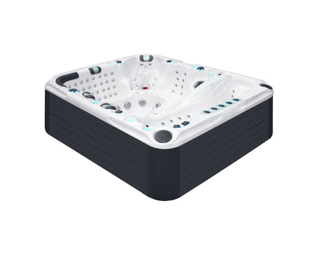 Ecstatic 7-person luxury hot tub with Levitation Bed and 150 jets, white interior and black cabinet - Passion Spas Exclusive Collection