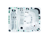 Ecstatic luxury hot tub interior view showing Levitation Bed and 150+ massage jets, white shell with LED lights - Passion Spas Exclusive Collection