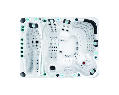 Ecstatic luxury hot tub interior view showing Levitation Bed and 150+ massage jets, white shell with LED lights - Passion Spas Exclusive Collection