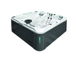 Euphoria luxury 4-person hot tub with Levitation Bed and 100+ jets, featuring white acrylic shell and dark cabinet - Passion Spas
